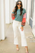 Button Henley Patchwork Textured Knit Balloon Sleeve Top Longline Casual